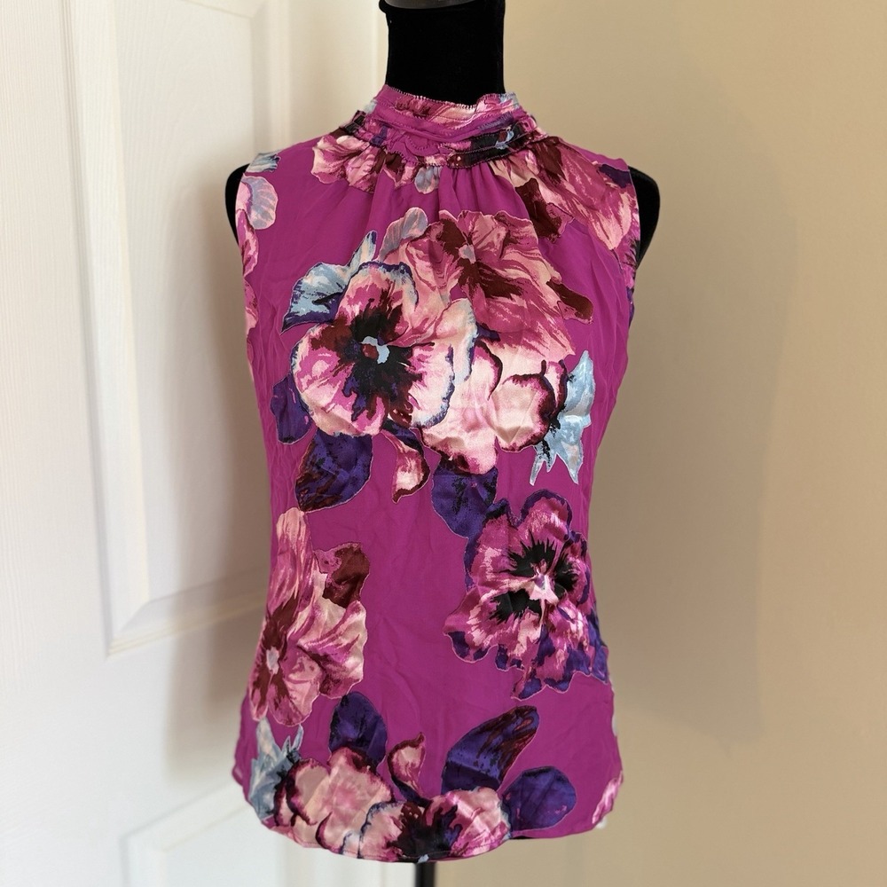 WHBM Women's Fuchsia Floral Mock Neck Halter Sleeveless Blouse (M) Silk Lining